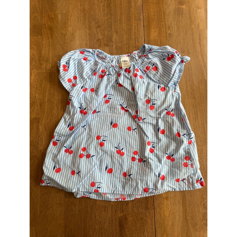 OshKosh Bgosh Girls Blue White Striped Cherry Print Top 6/6X OSH11771-SS1